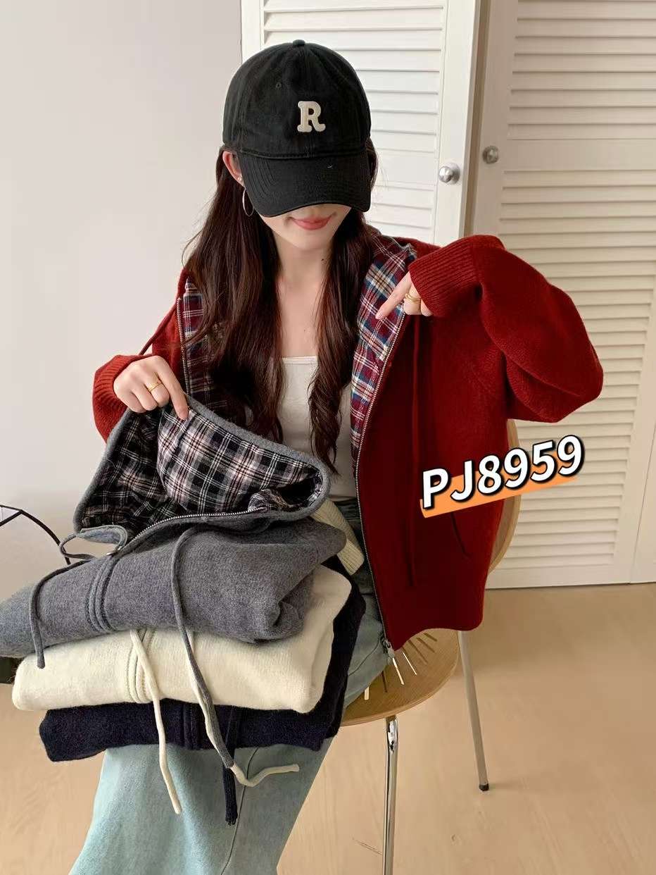 8959宽松型拉链连帽秋季落肩袖短外套冬季针织复古加绒外套