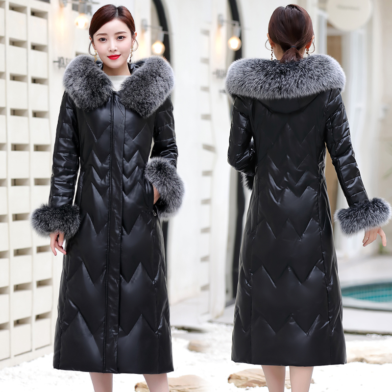 海宁真皮皮衣女冬季新款绵羊皮羽绒服中长款连帽白鸭绒加厚外套