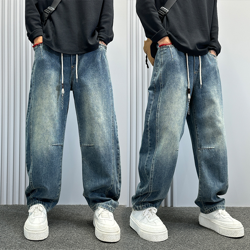 美式高街vibe蓝色阔腿牛仔裤男秋季高级感香蕉弯刀裤子宽松直筒裤