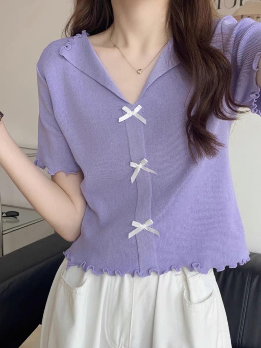 大码冰凉针织宽松夏季薄款针织衫纯色百搭显瘦小众韩版v领