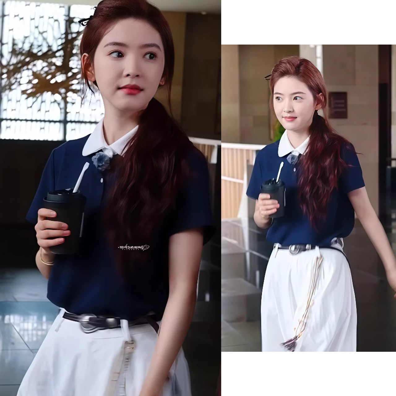 【章若楠同款】藏蓝色百搭短袖上衣2025新款学院风正肩T恤女洋气