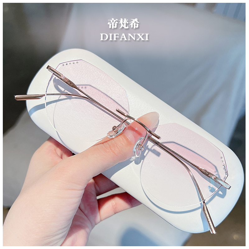 超轻纯钛无框眼镜架配近视眼镜女瘦脸韩版钻石切边防蓝光有度数潮