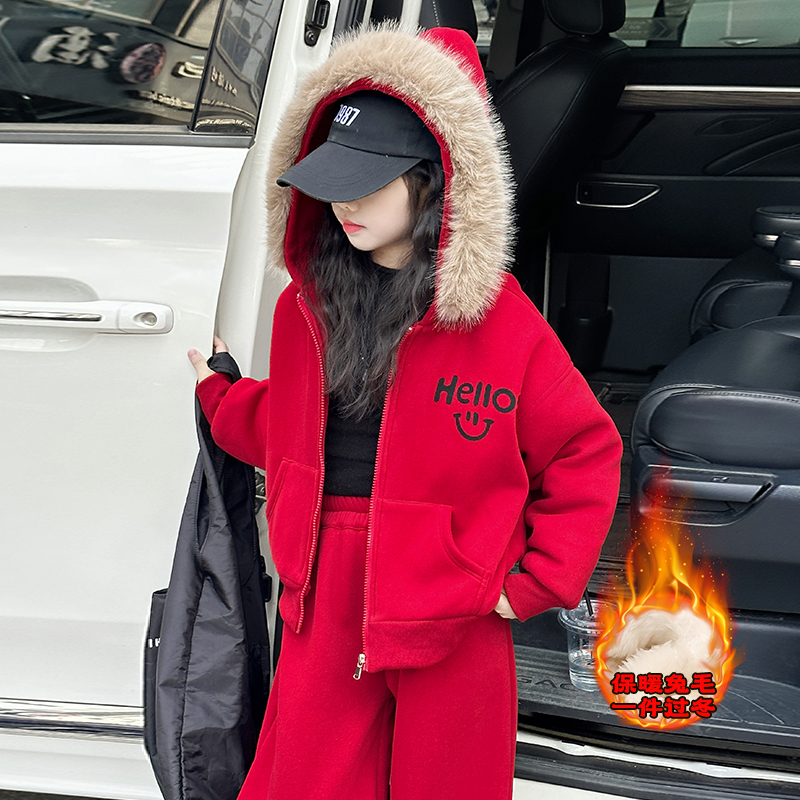 女童冬季加绒红色连帽卫衣套装2025新款中大童休闲加厚加棉两件套