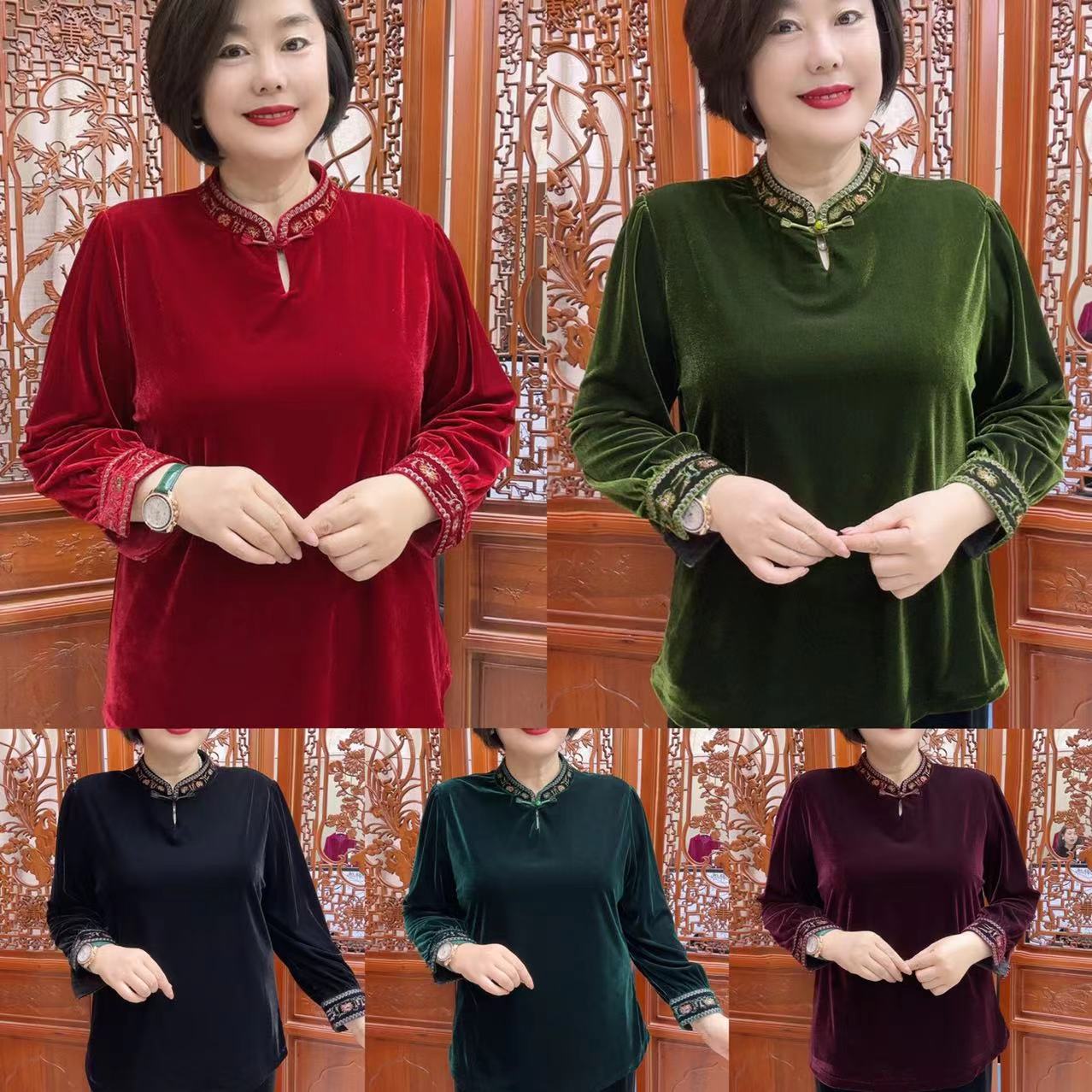 秋季款电脑刺绣旗袍改良领妈妈减龄上衣