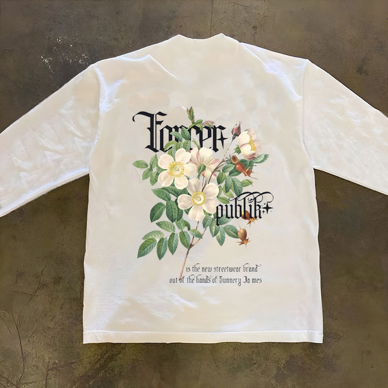 260G重磅纯棉美式复古螺口长袖T恤植物换印花潮牌百搭宽松上衣男