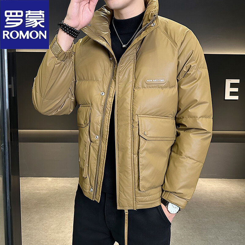 Romon/罗蒙冬天新款潮牌男装中青年冬装加厚男士皮防寒服立领外套