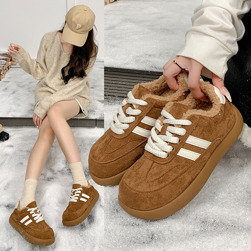 复古板鞋女厚底加绒棉鞋2025新款冬季保暖毛毛鞋时尚休闲运动鞋
