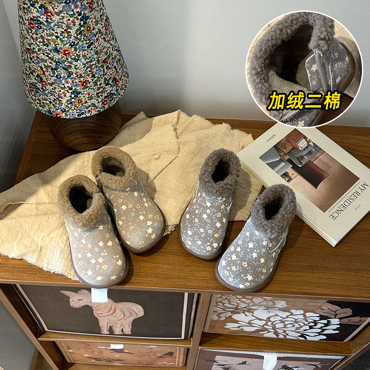 奇诺鼠冬款运动鞋儿童女童时尚加绒加厚保暖冬季毛毛鞋0957
