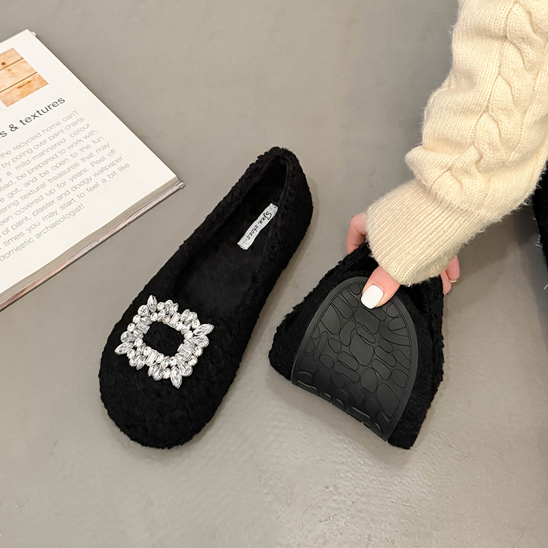 软平底一脚蹬毛毛鞋女2025秋冬新款水钻方扣豆豆鞋加绒保暖棉瓢鞋