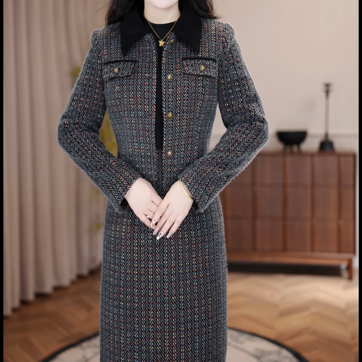 {两件套}连衣裙2025新款秋冬款气质优雅幻彩灰翻领连衣裙两件套