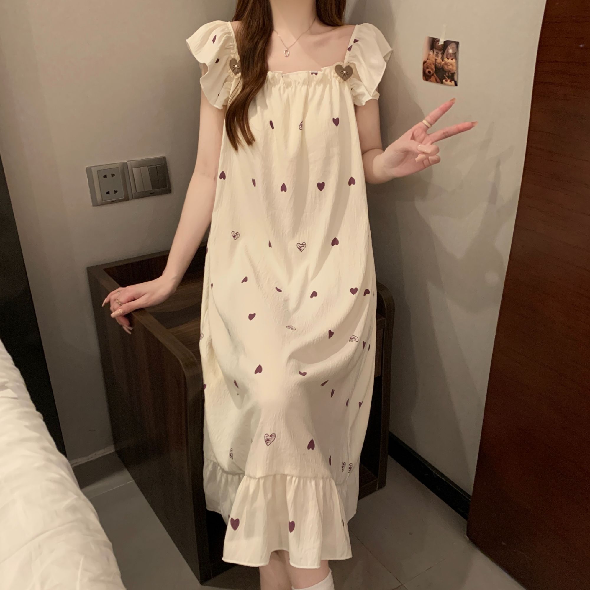 睡裙女2025新款夏季带胸垫甜美爱心印花日系少女小飞袖睡衣家居服