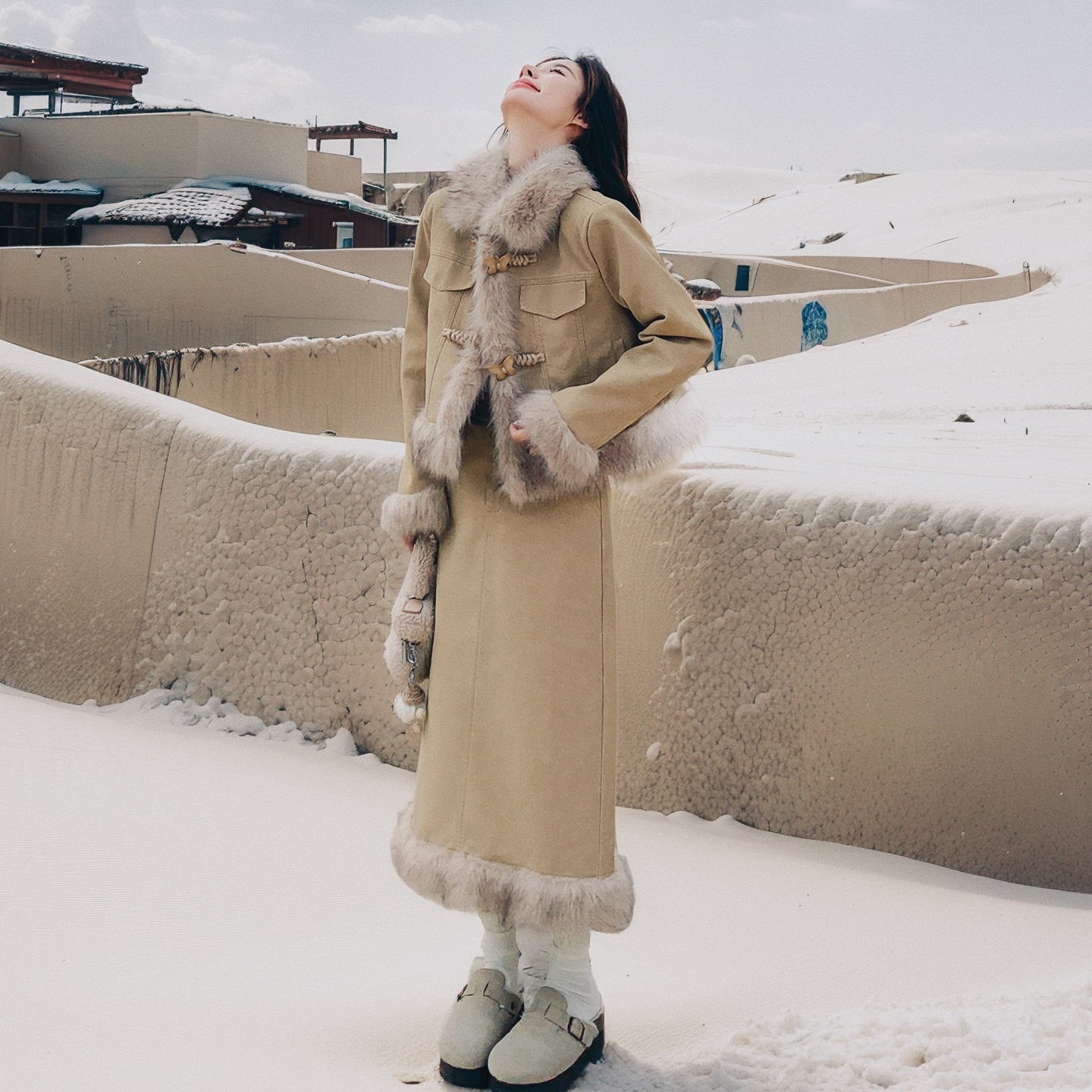 卡其色工装毛毛两件套冬装女2025新款设计感时髦外套半身裙两件套