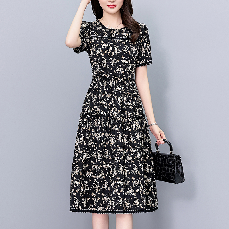 CD#1891 时尚洋气碎花中长款修身显瘦大码女装胖mm胖妹妹短袖连衣