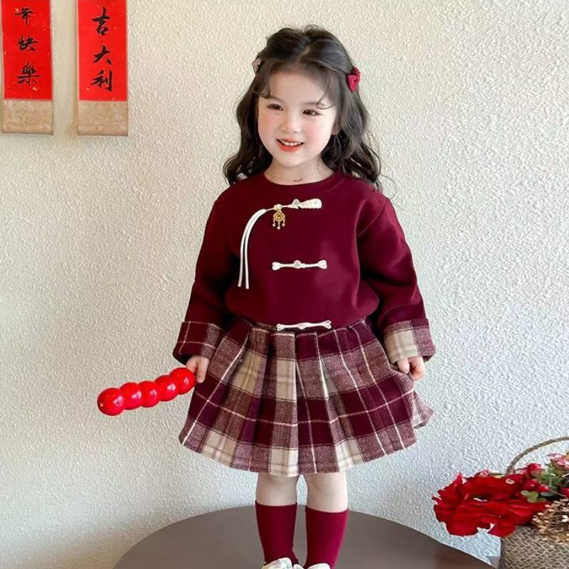 拜年服女童秋冬套装儿童冬装红色喜庆过年汉服女宝宝国风新年衣服