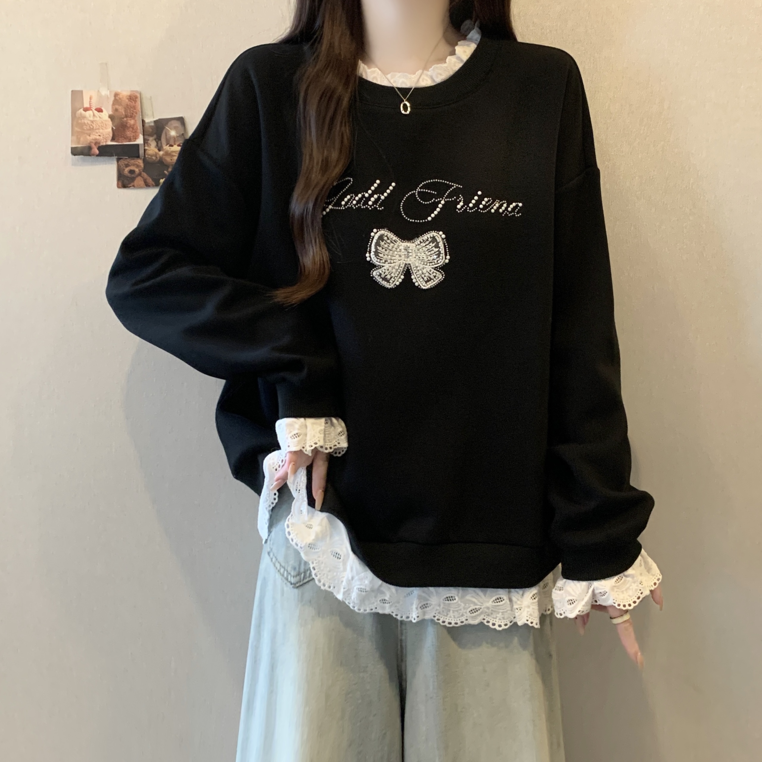 大码假两件蝴蝶结蕾丝拼接卫衣女春秋胖妹妹宽松显瘦洋气钉珠上衣