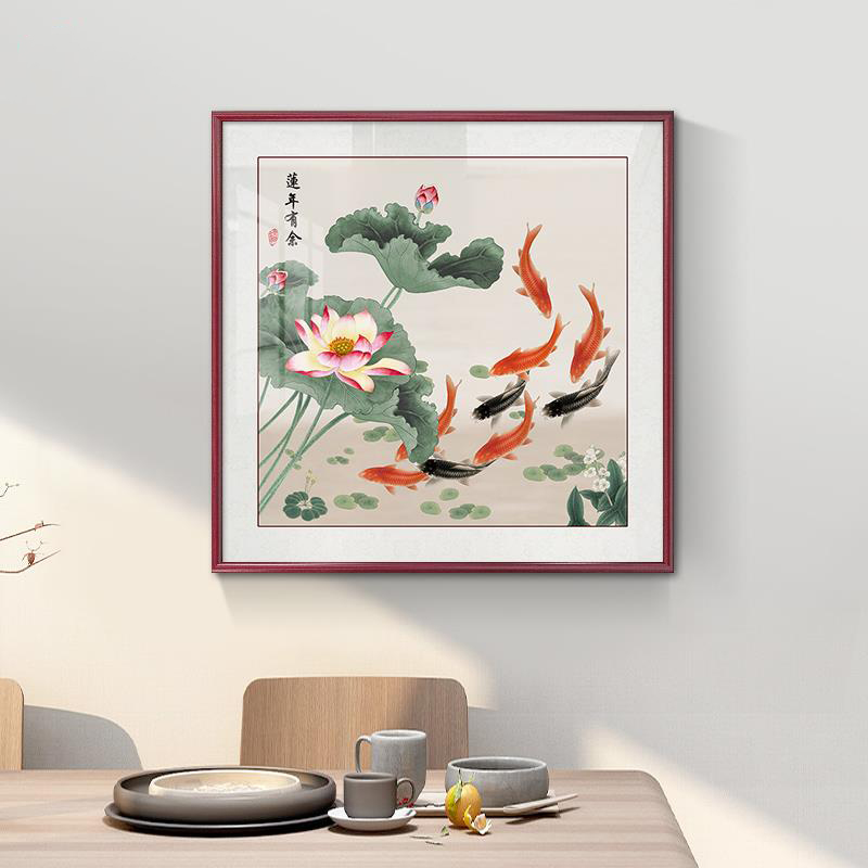 荷花九鱼图新中式餐厅装饰画斗方客厅玄关挂画聚财鲤鱼图手绘油画