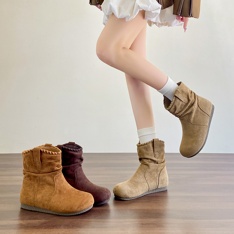 2025秋新款复古小个子短靴女平底内增高堆堆靴百搭舒适保暖时装靴