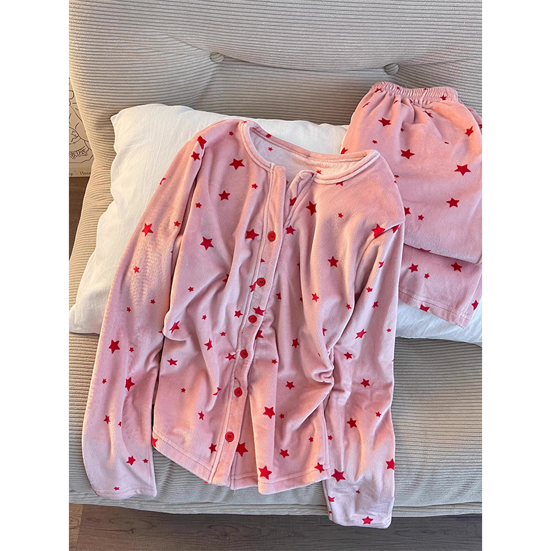 甜美少女粉色星星加厚款保暖睡衣女秋冬款开衫德绒长袖长裤家居服
