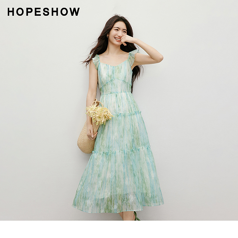 红袖2025夏女装 【长夏波光】印花晕染飞袖V领连衣裙90125181614