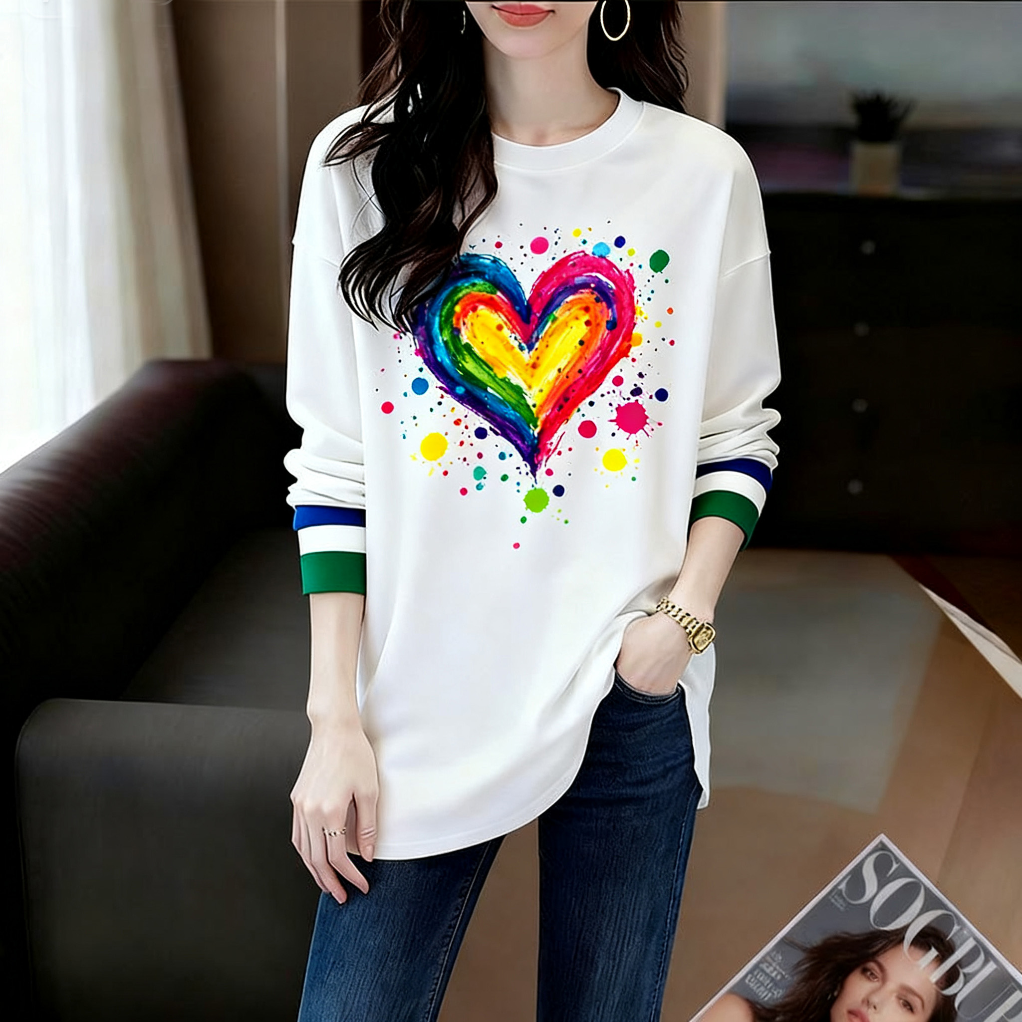 时尚大版中长款长袖t恤女秋冬季新款洋气减龄休闲印花ins宽松上衣