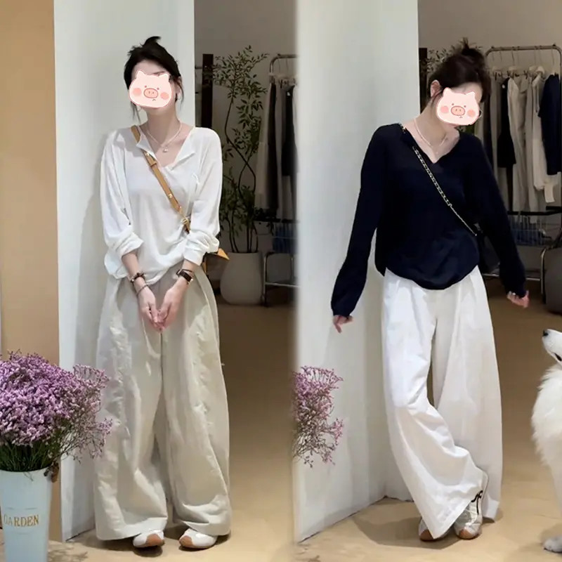 早秋穿搭一整套时尚百搭v领设计上衣 高腰遮肉显瘦休闲裤两件套女