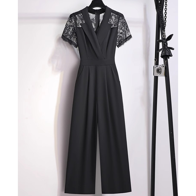 黑色阔腿连体裤女夏季2025新款气质连衣裤高级感显瘦连身裤D1038