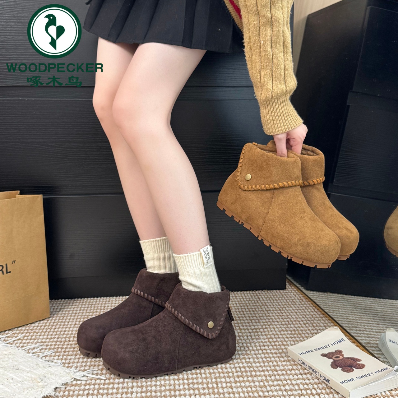 啄木鸟韩版5CM内增高雪地靴女2025秋冬新款复古百搭加绒勃肯鞋女