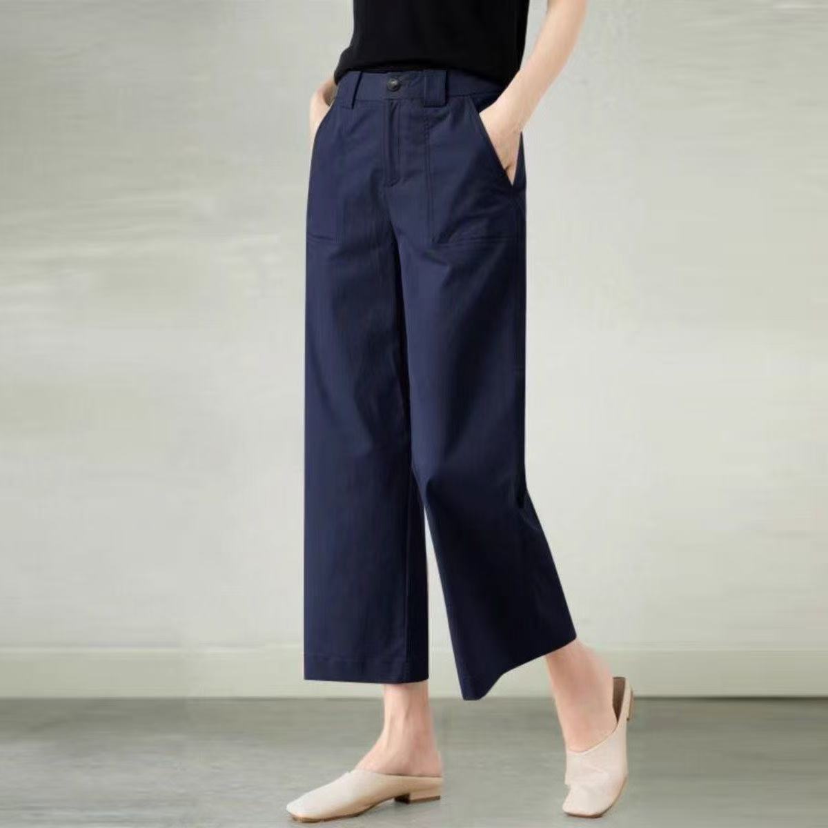 【纯棉不起皱】阔腿裤休闲裤藏青色窄版阔腿裤休闲蓝色直筒裤学院风