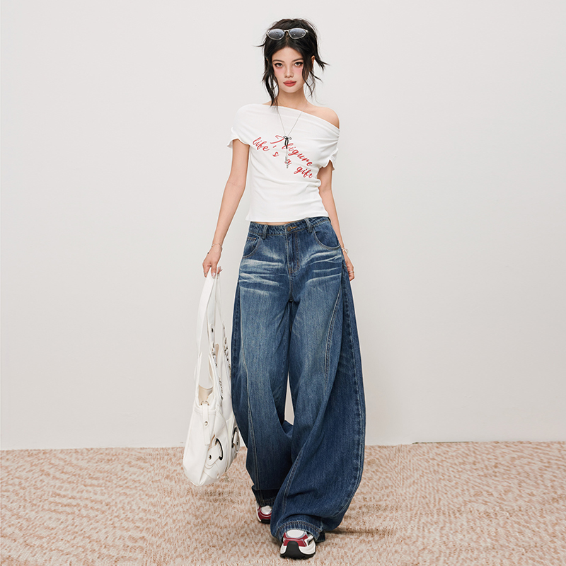 陆笙好美式高街立体裁剪廓形水洗弯刀牛仔拖地裤高腰显瘦四季复古