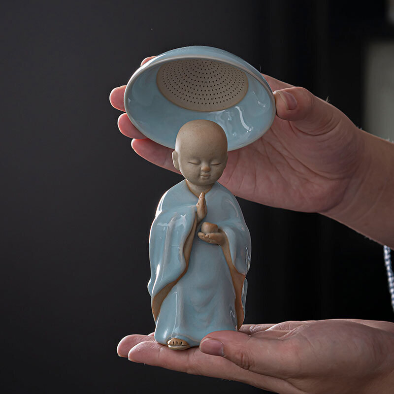 创意汝窑陶瓷小和尚茶滤全瓷孔一体茶漏家用过滤茶具配件滤网摆件