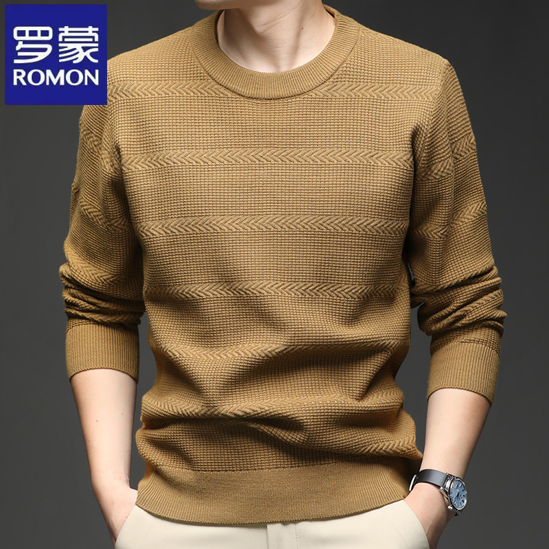 罗蒙纯色休闲提花男士长袖针织衫秋冬季时尚中青年潮流休闲毛衣男