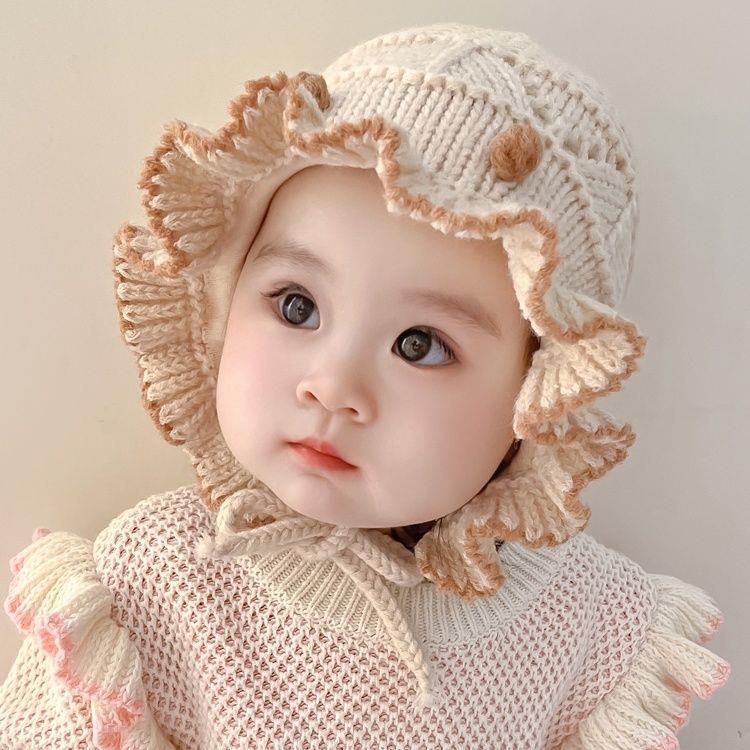 【万达撤柜】宝宝秋冬帽子花边甜美公主可爱婴儿毛线帽女童针