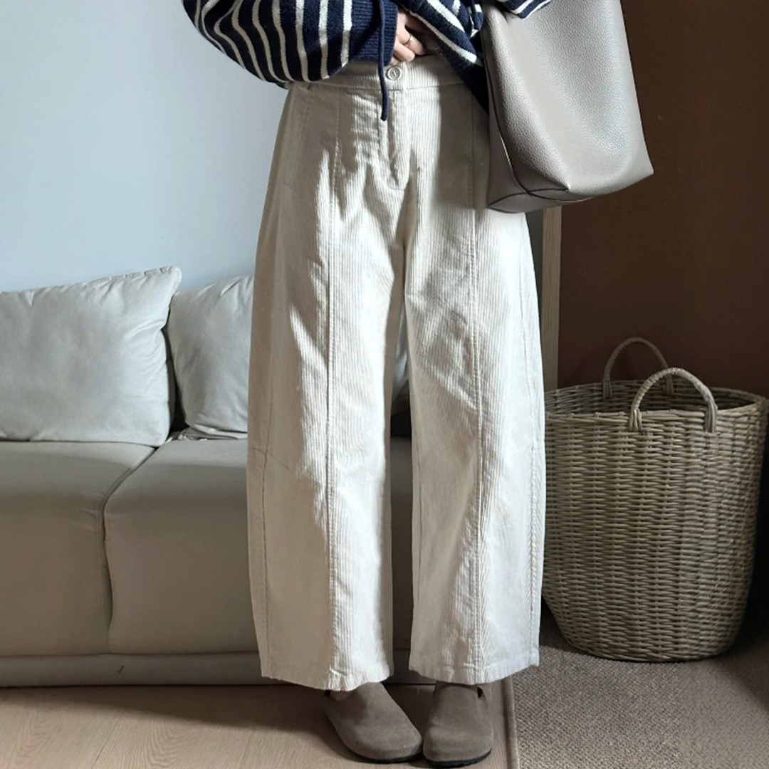 冬季款灯芯绒杏色加厚直筒阔腿休闲裤大码女梨型身材高腰显瘦裤子