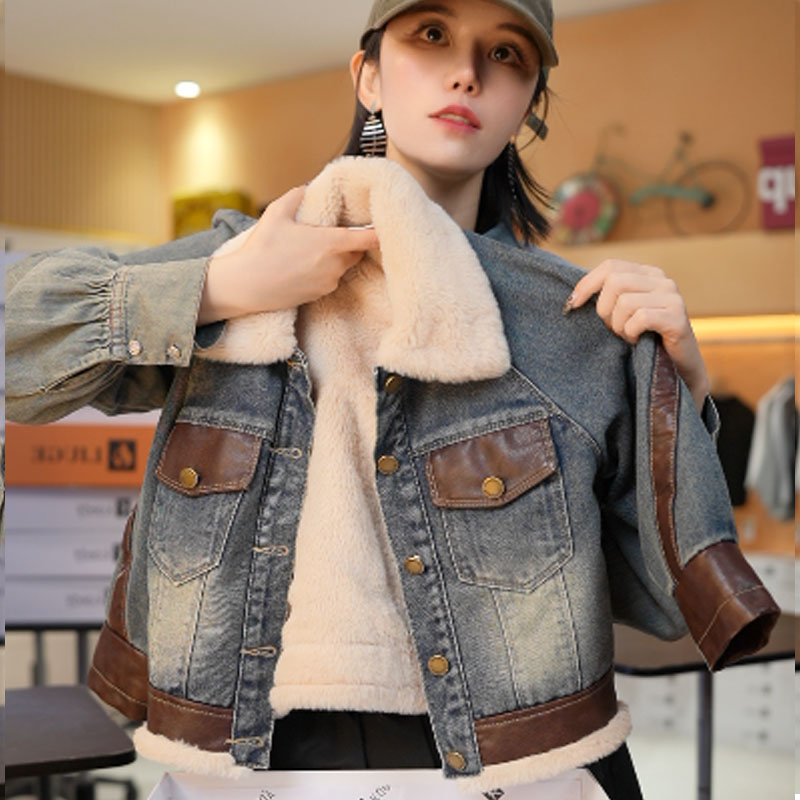 （实体品质）（袖子一体绒）韩版儿童冬装新款牛仔加绒外套2025男加厚