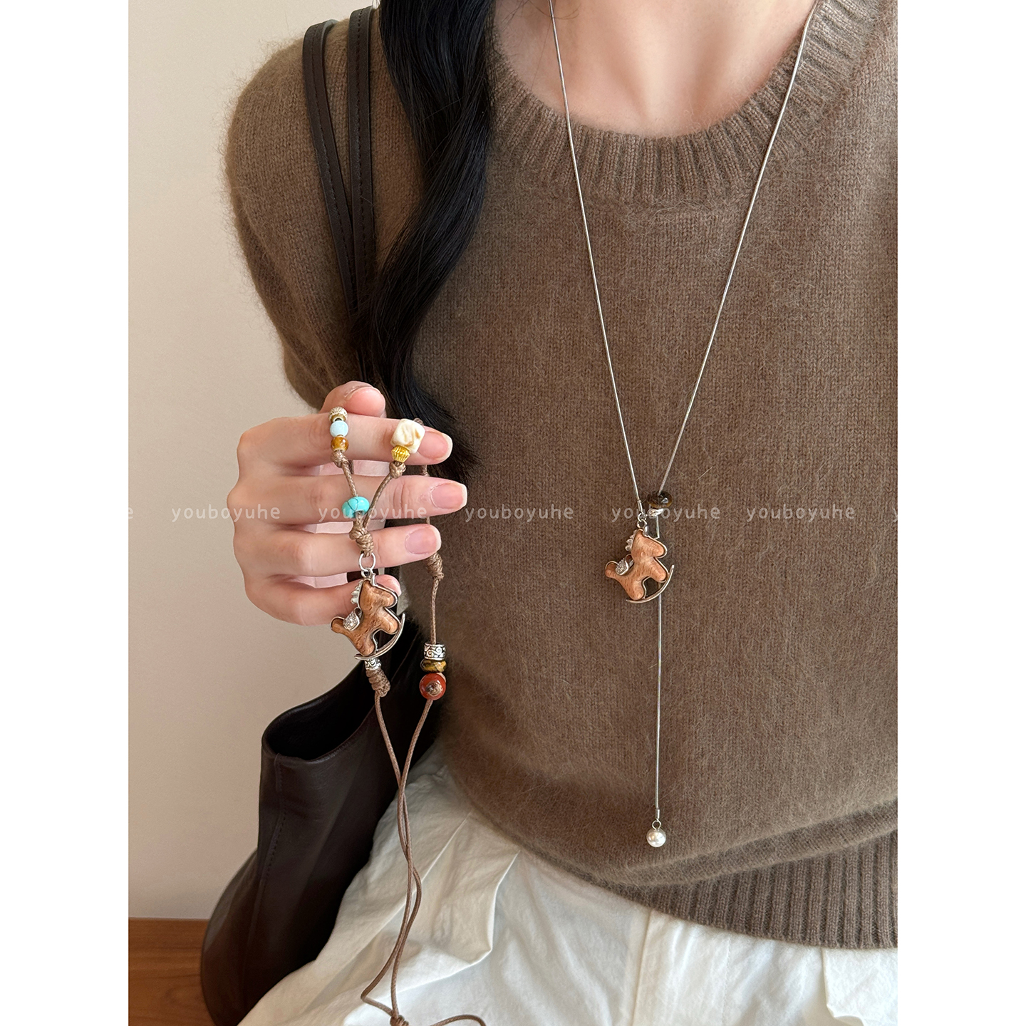 铜合金项链 新中式复古小马串珠编织绳项链女秋冬长款毛衣链配饰