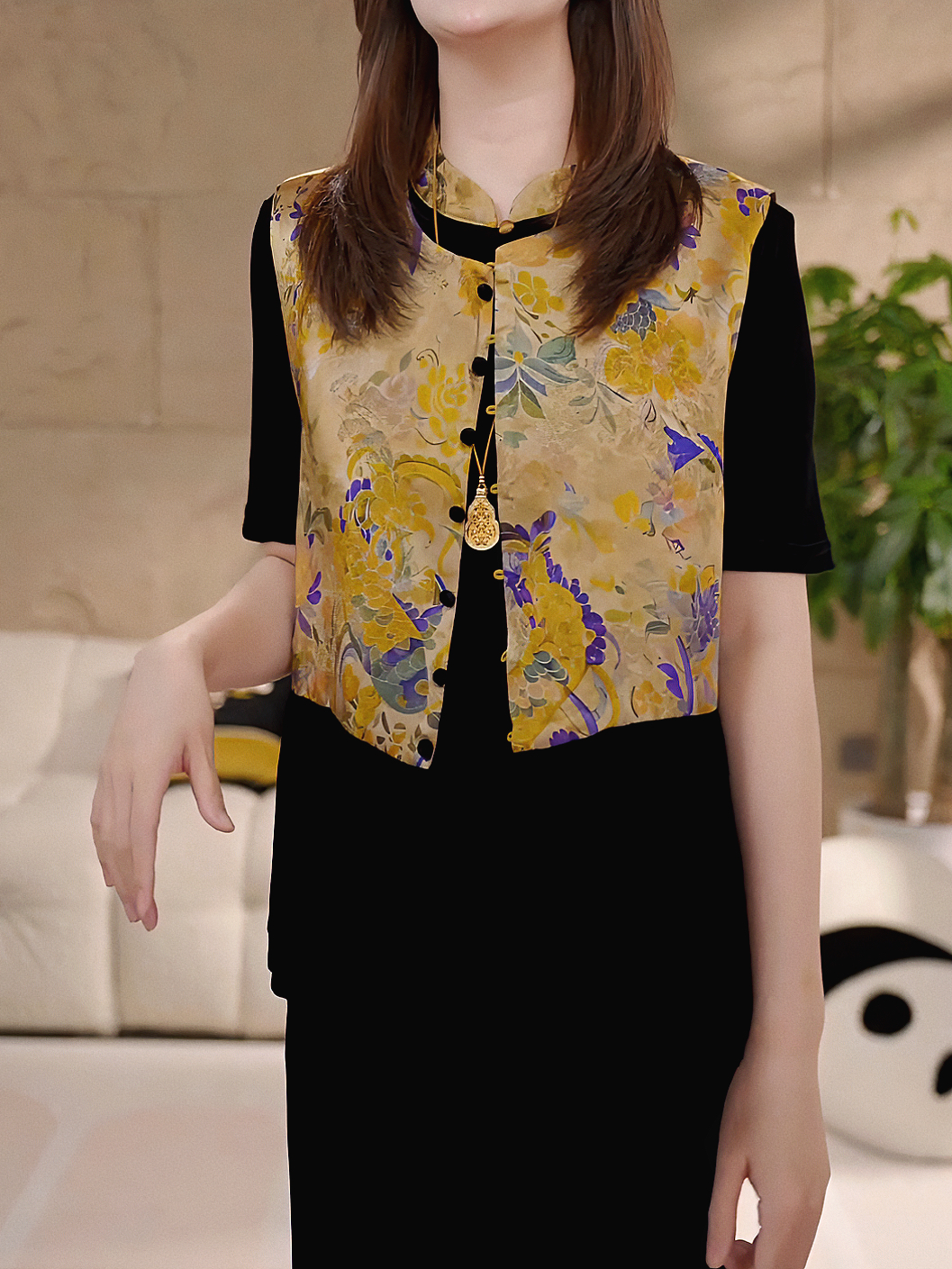 新中式国风减龄马甲外套女秋装新款拼接丝绒印花休闲气质上衣