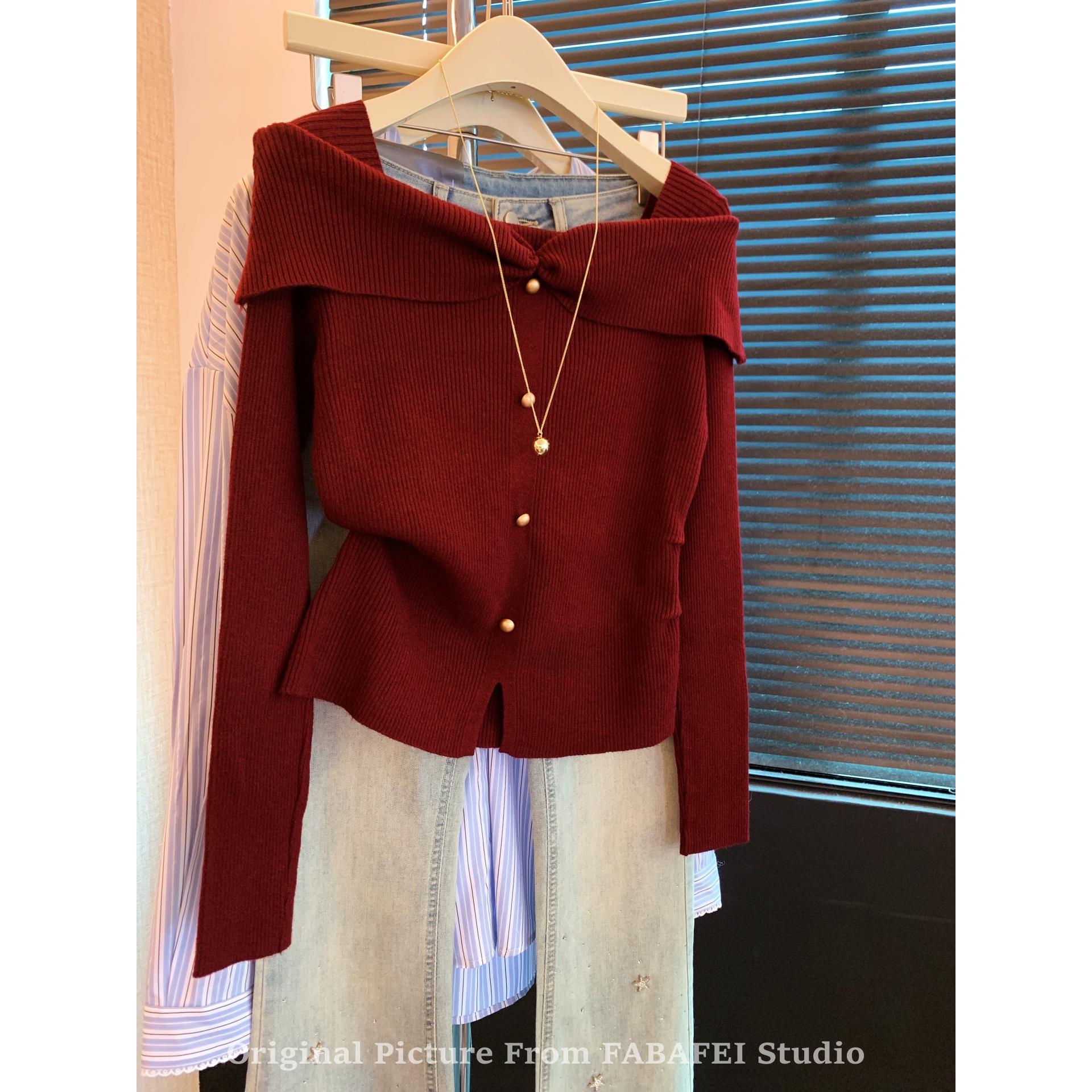 甜辣妹一字肩长袖针织衫女秋款褶皱掐腰打底衫设计感开叉下摆上衣