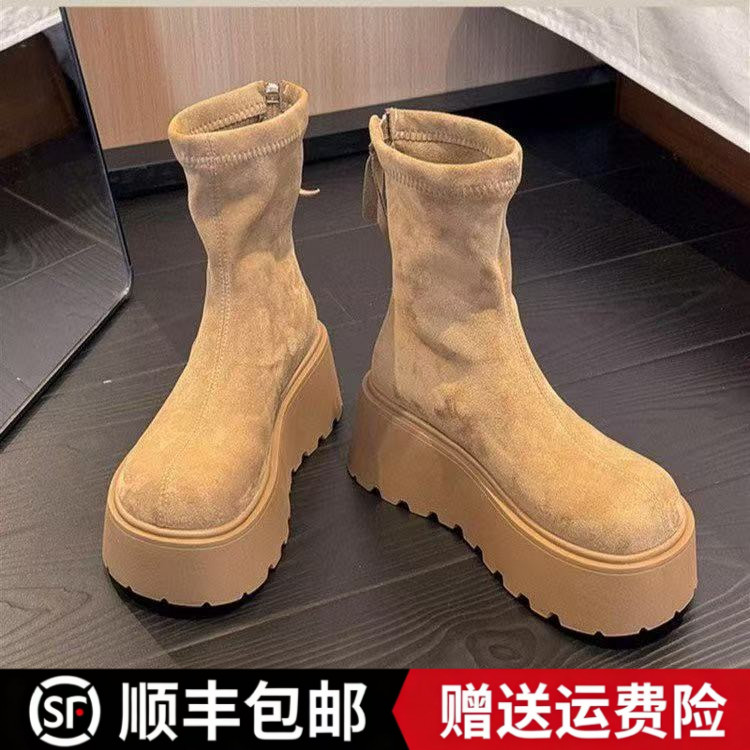 品牌真皮松糕厚底勃肯短靴女款2025秋冬季新款美拉德小个子马丁靴