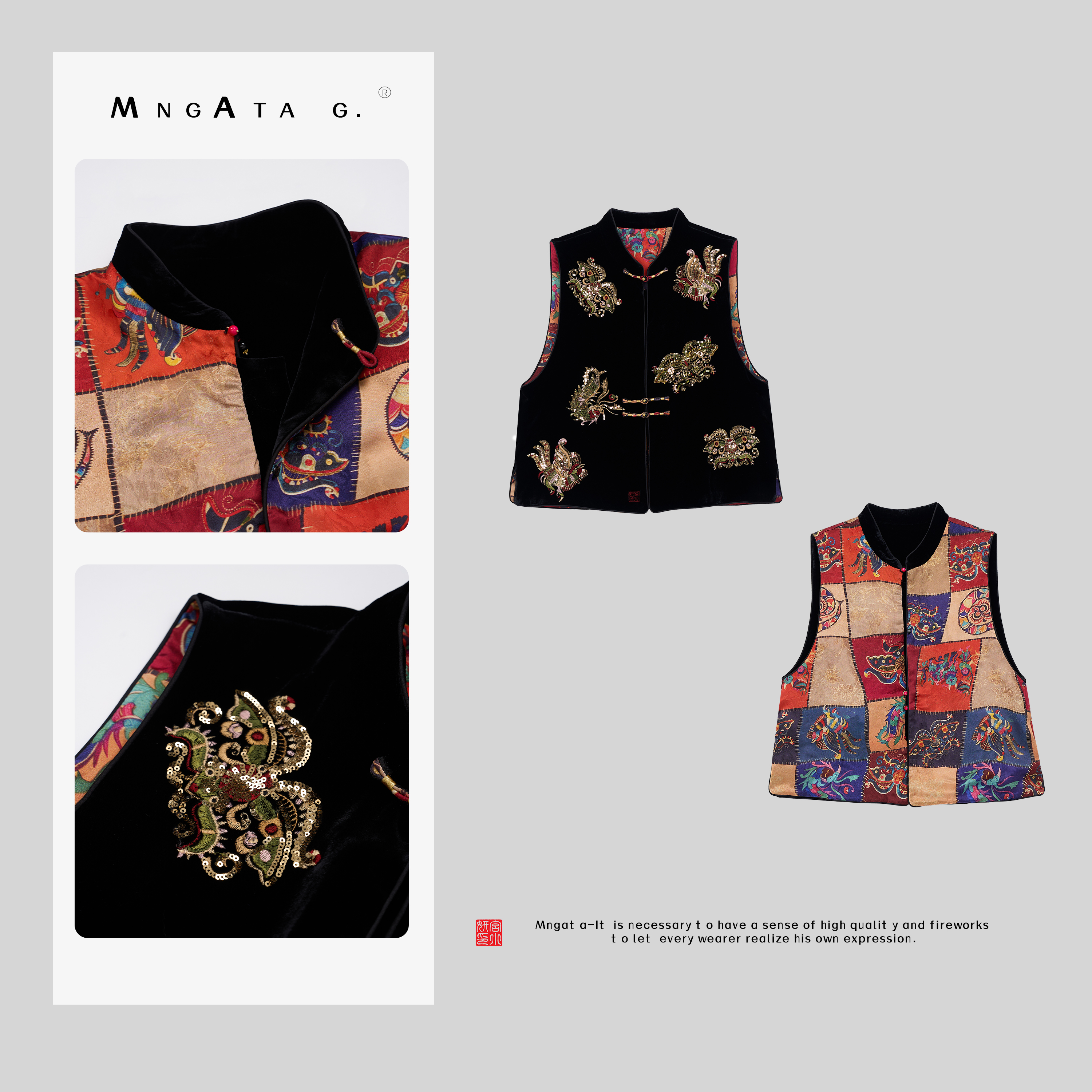 MNGATA G.宫小妍【狮来运转】早秋真丝丝绒新中式中国风马甲4121230