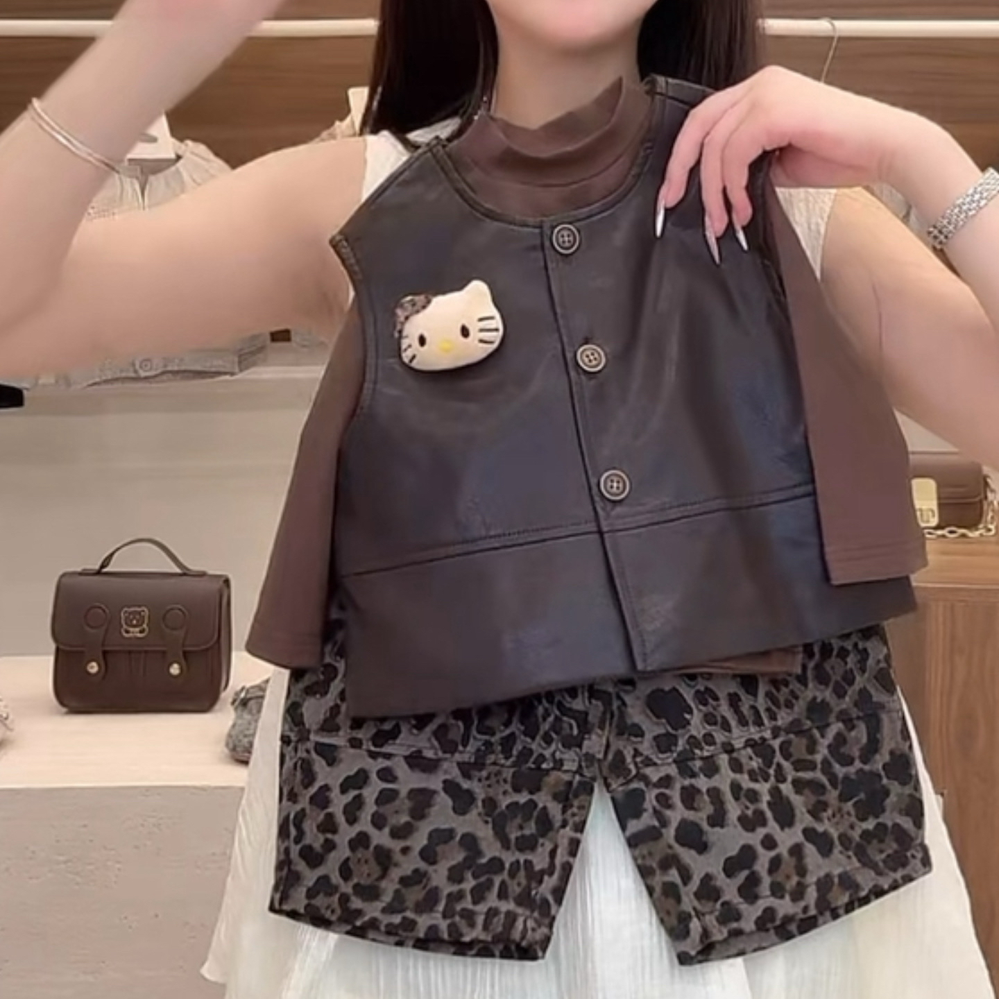 【奶芙】原创！女童秋季韩系皮衣马甲外套豹纹长裤时髦早秋套装