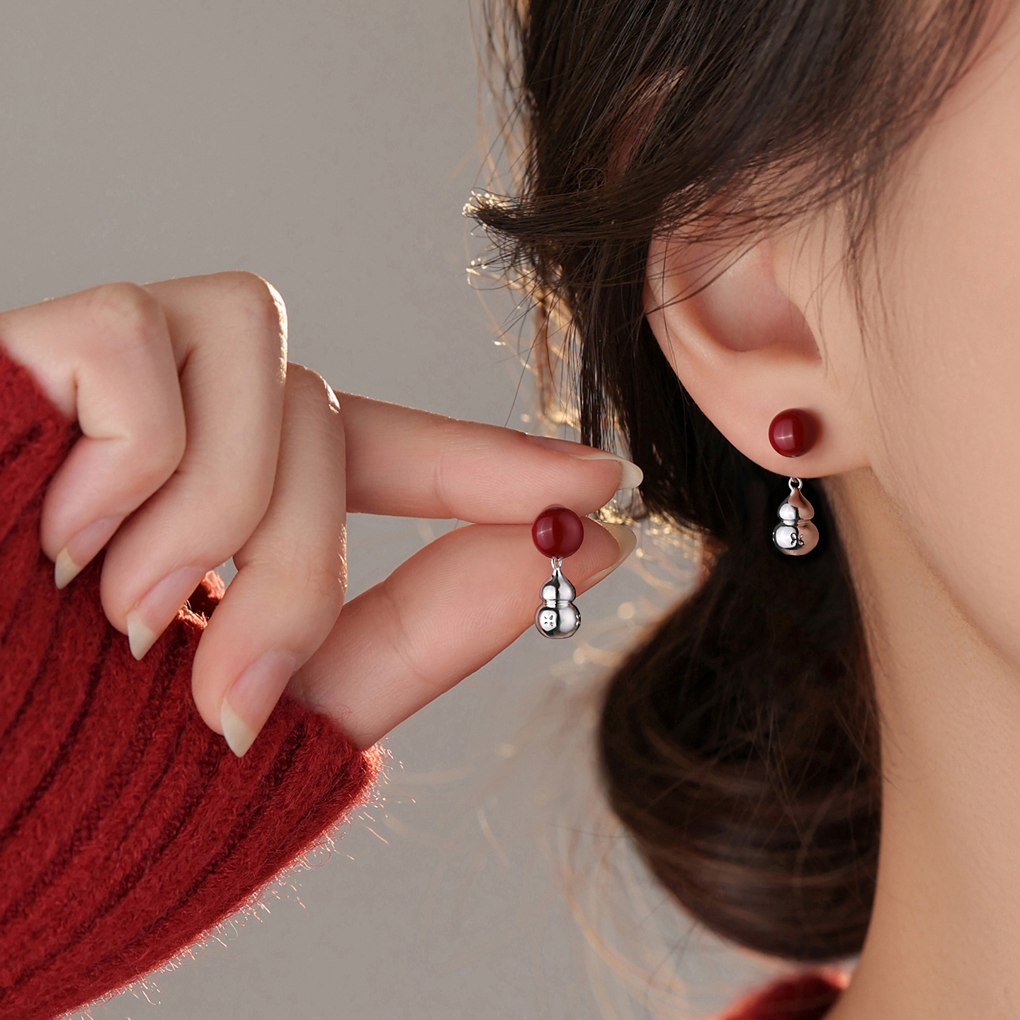 足银耳饰 999银针红色葫芦耳钉2026本命年马小众轻奢耳环女过新年