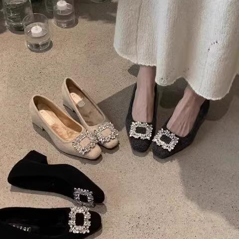 法式气质水钻方头浅口显腿长2025新款秋冬仙女通勤晚晚粗跟高跟鞋