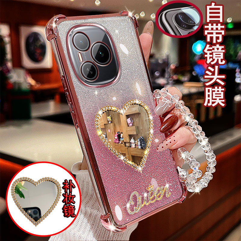 适用荣耀power手机壳DVD-AN00镜头全包5G镶钻爱心镜子气囊防摔套