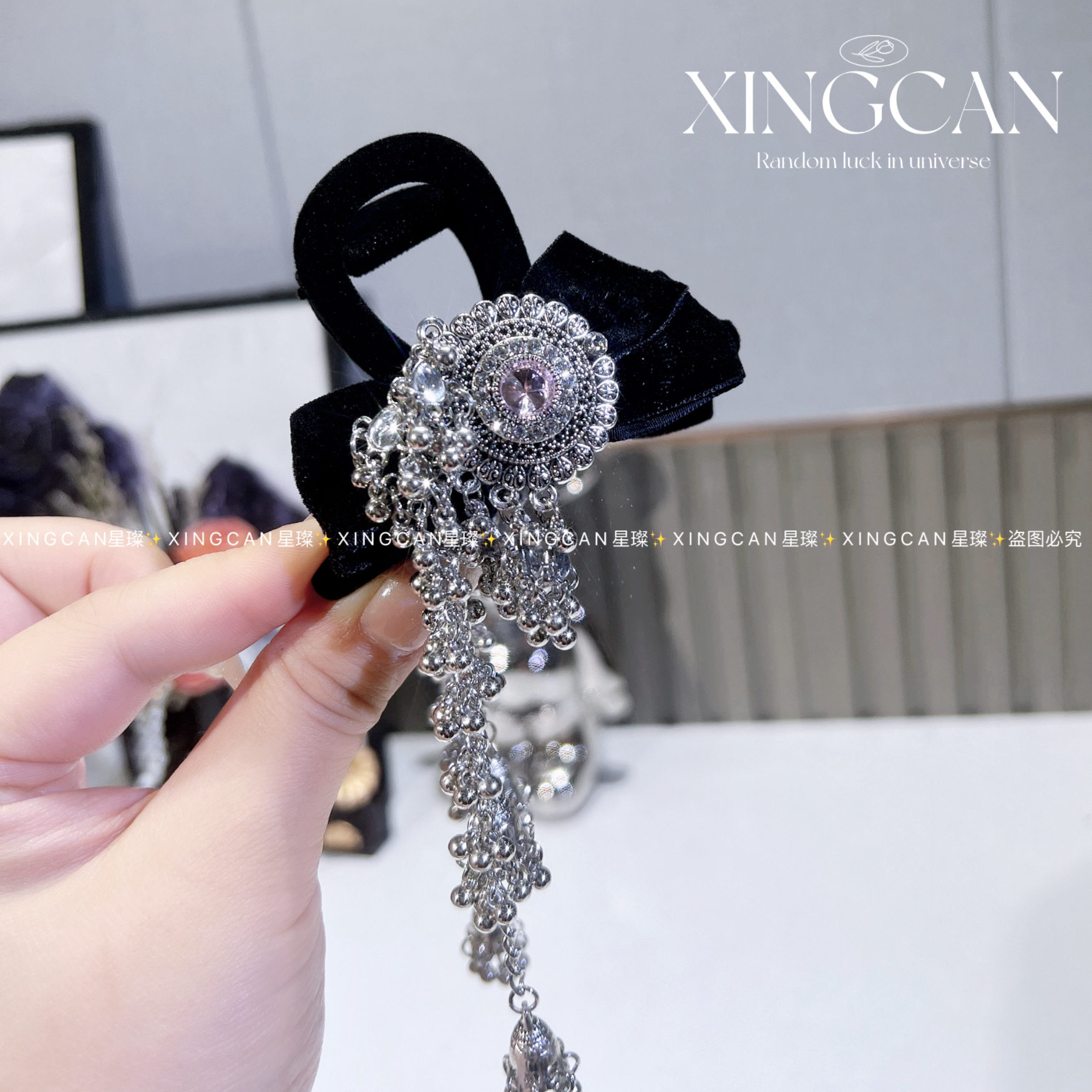 粉镶钻丝绒流苏民族风轻奢女风简约风发夹时尚头饰发饰重工饰品