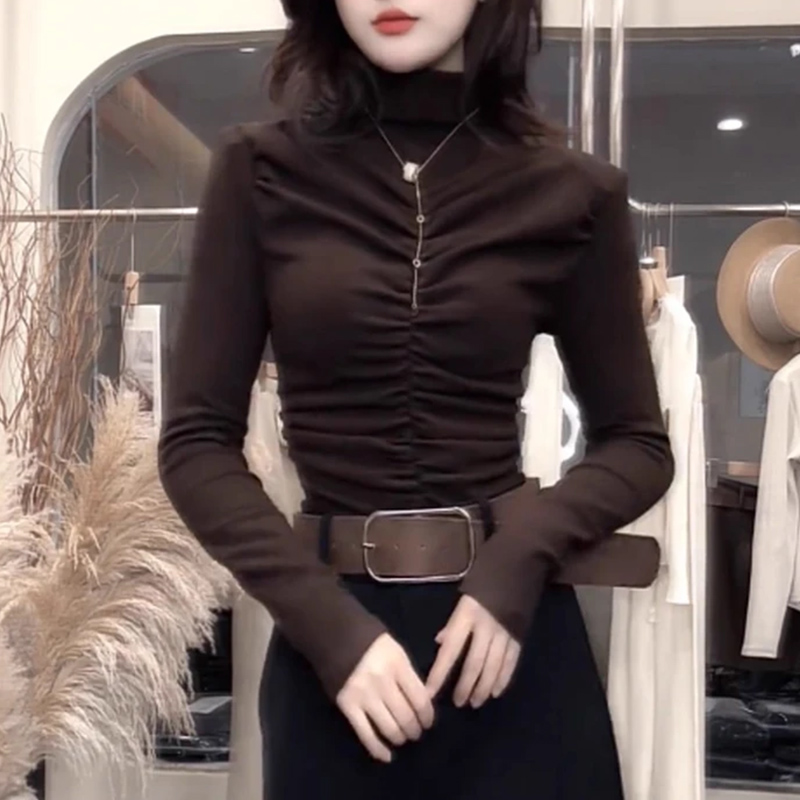 褶皱高级感穿搭纯色高领长袖T恤女2025秋冬新款小众设计感上衣服
