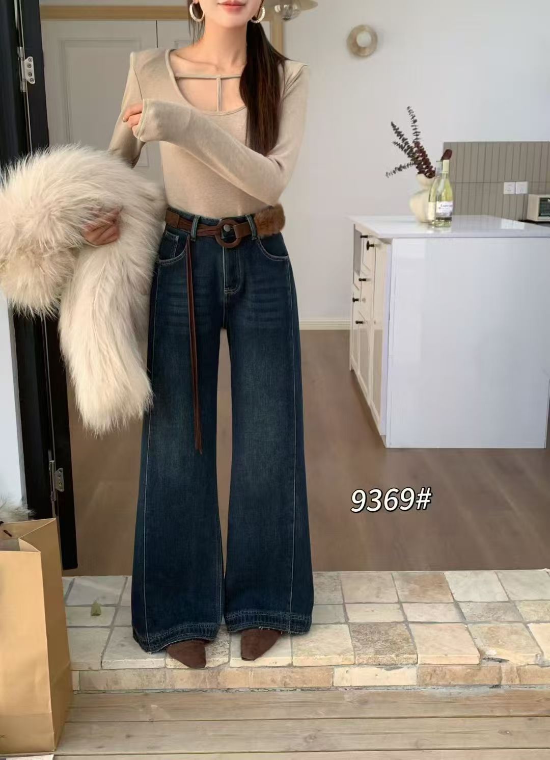 9369秋冬新款显瘦高腰【加绒】厚款百搭宽松休闲牛仔阔腿裤