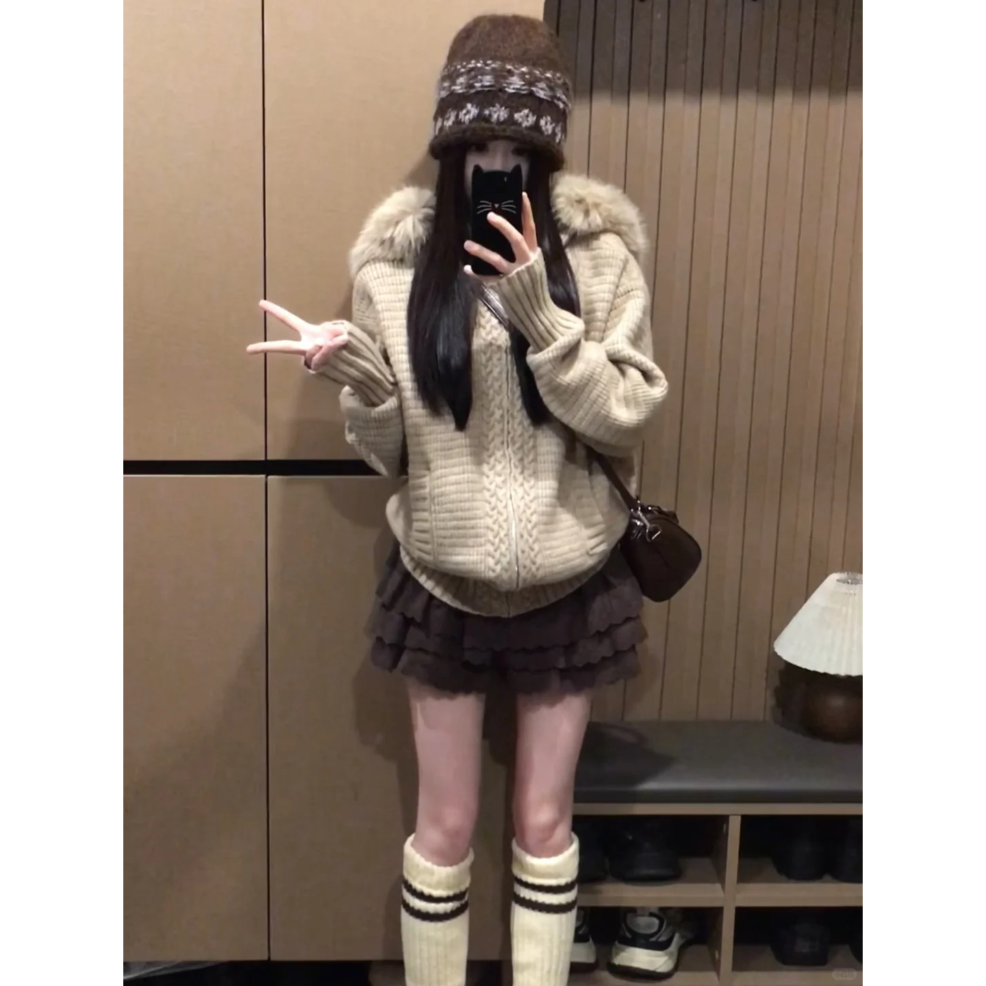 毛领连帽针织衫女慵懒风宽松显瘦毛衣外套高腰a字半身裙蛋糕裙