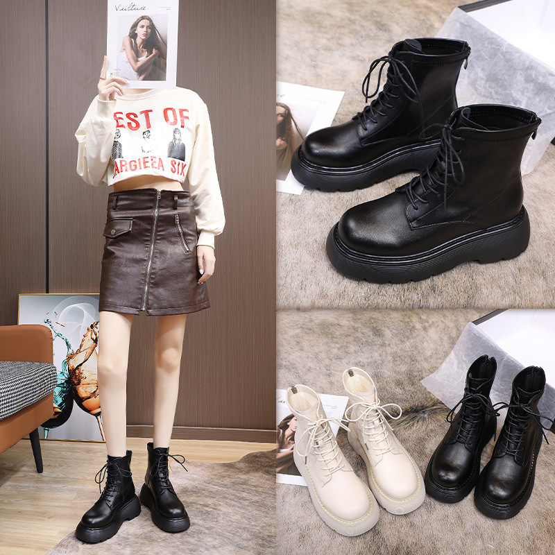 真皮厚底马丁靴女新款新款秋冬季中筒加绒弹力短靴子33码单靴女鞋