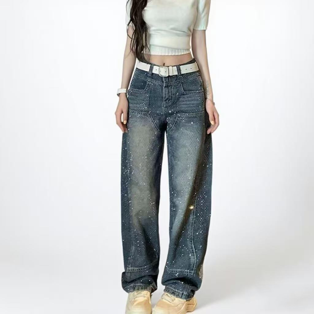 B2021早秋新款烫钻宽松直筒牛仔裤百搭休闲时尚韩版宽松设计感