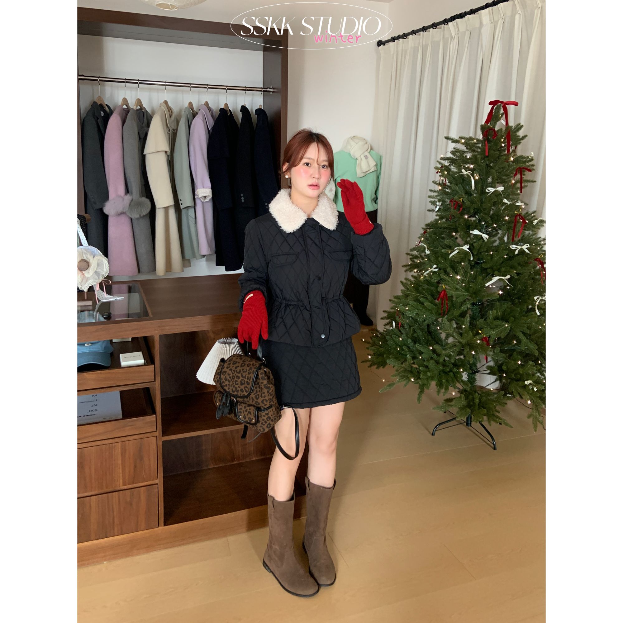 KMZY/KMZY山_山【韩女套装】微胖韩系菱格翻领棉服外套+半裙套装女